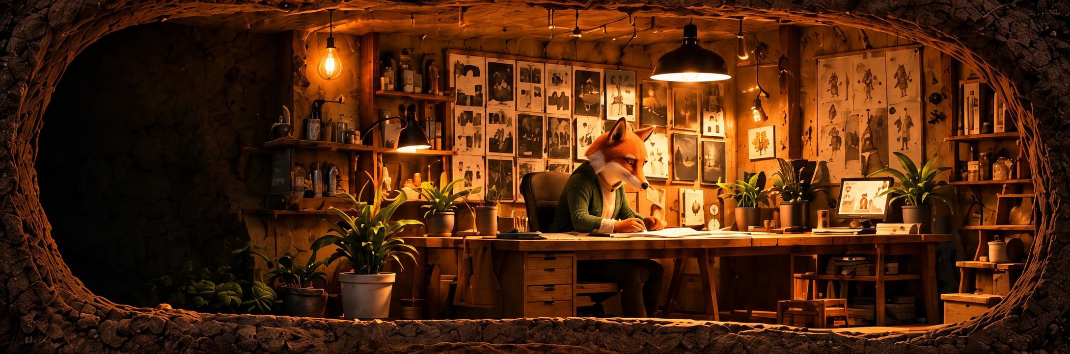 A fox at a creative studio desk, surrounded by sketches, posters and brand ideas.