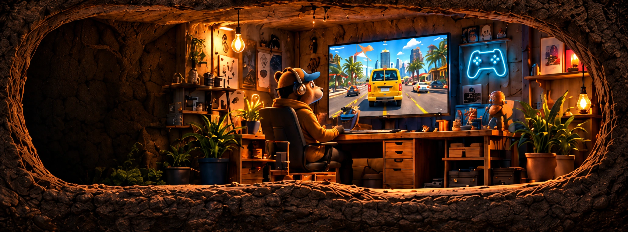 A game developer in an underground room, with controllers and a city driving game on screen.