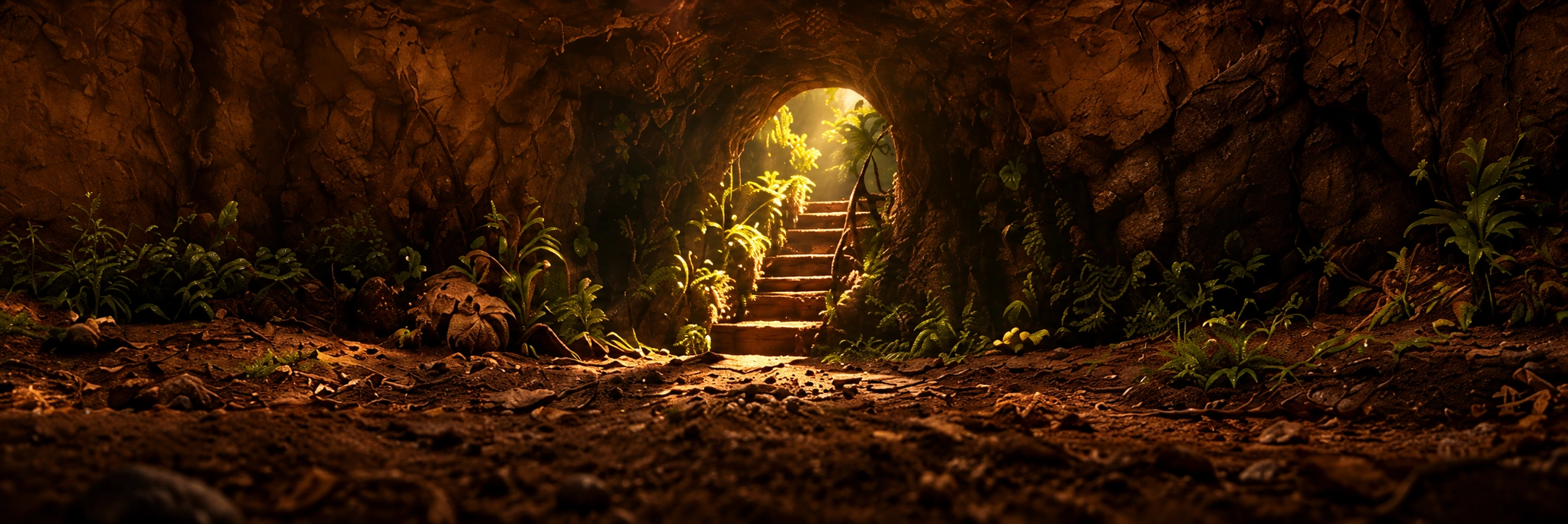 A winding staircase leads toward daylight through the earth.