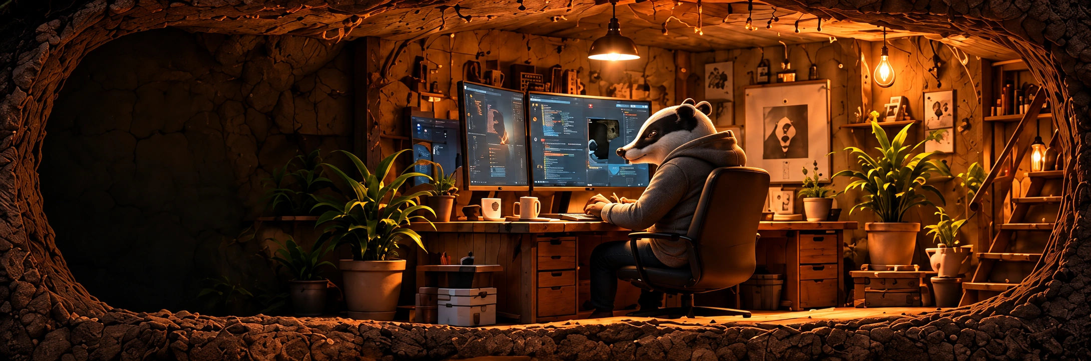 A sophisticated badger working at multiple glowing monitors in an amber-lit underground technology studio.